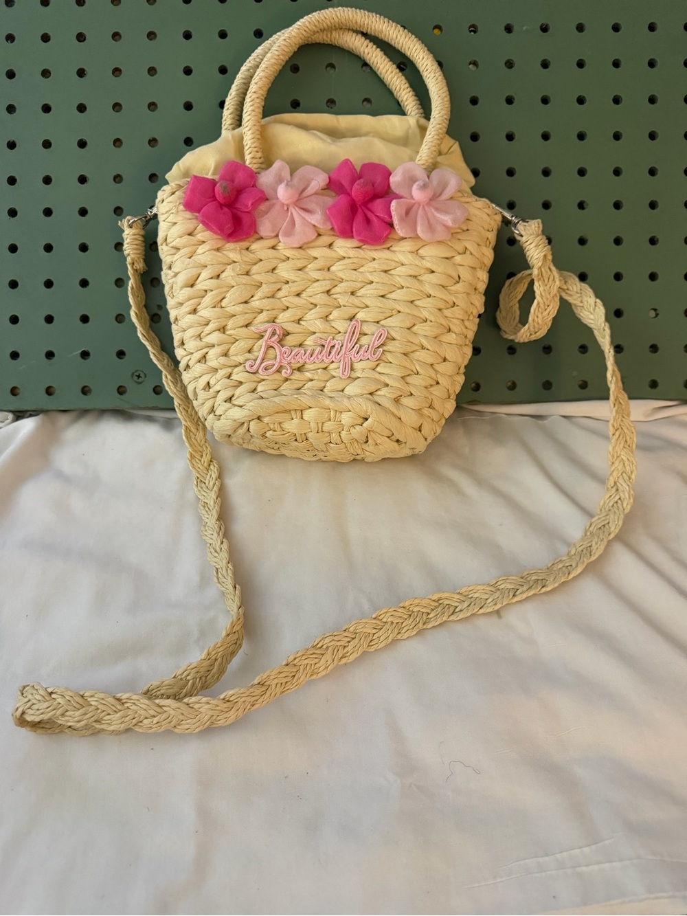 Straw Crossbody Bag with Pink Flower Trim